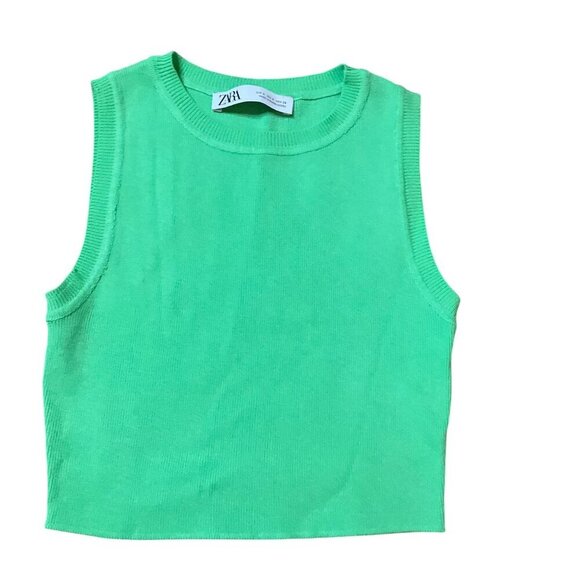 Zara Womens Sleeveless Green Ribbed Cropped Tank Top Small - Picture 2 of 5